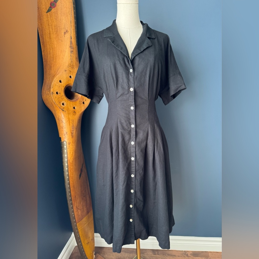 HALSTON Black Linen Blend Button
Down Shirt Dress Sz 10